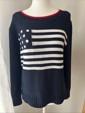 Talbots Navy Sweater with White Flag Motif and Red Trim, Size MP
